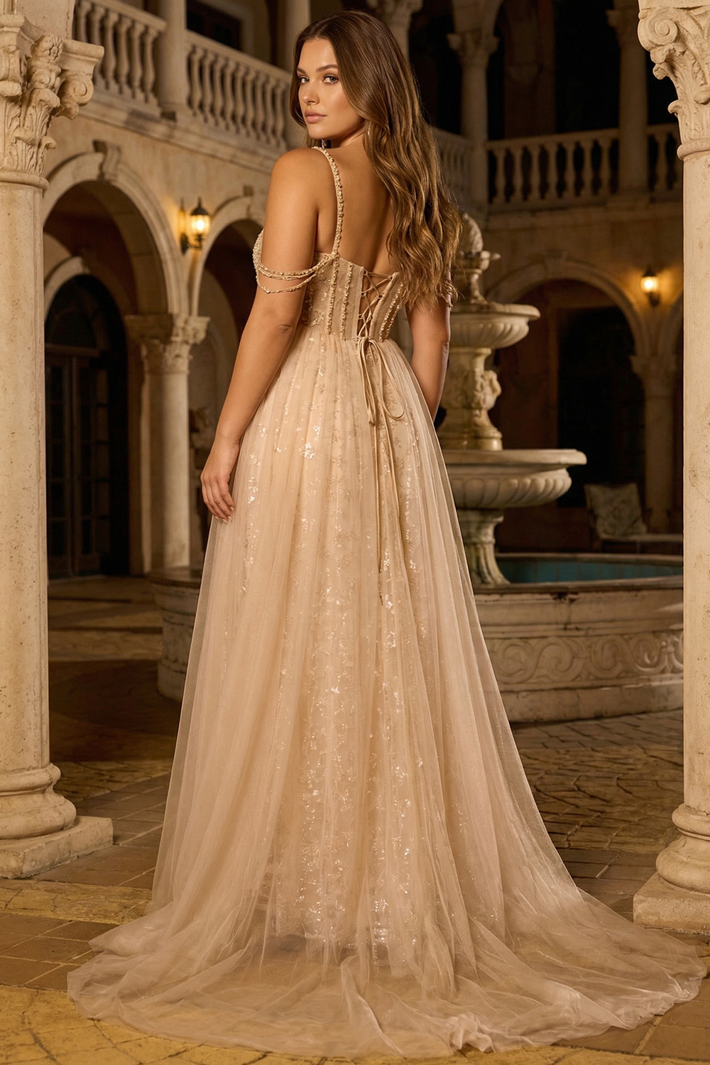 Floral Champagne Sparkly Sequin Cold Shoulder Long Corset Prom Dress with Cape