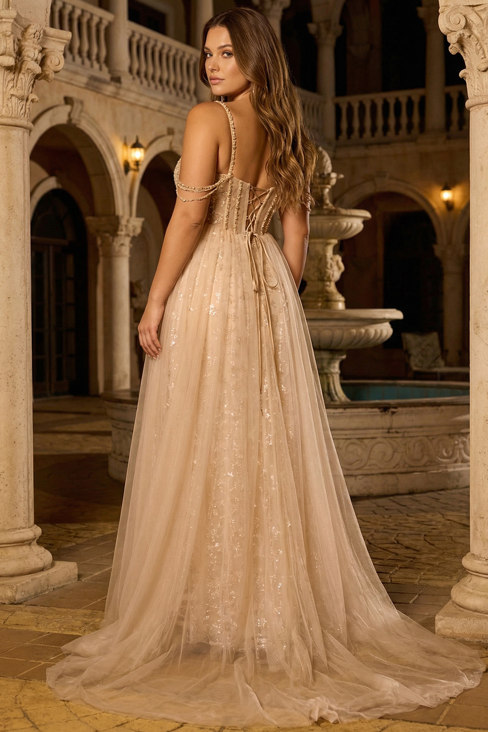Floral Champagne Sparkly Sequin Cold Shoulder Long Corset Prom Dress with Cape