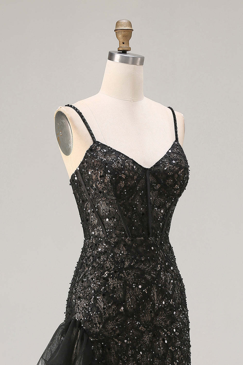 Sparkly Black Beaded Mermaid Long Corset Prom Dress with Ruffles