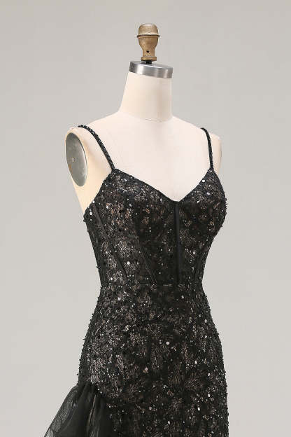 Sparkly Black Beaded Mermaid Long Corset Prom Dress with Ruffles