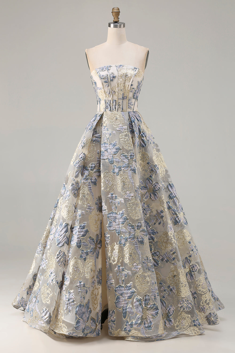 Floral Dusty Blue Strapless A Line Long Corset Prom Dress with Slit