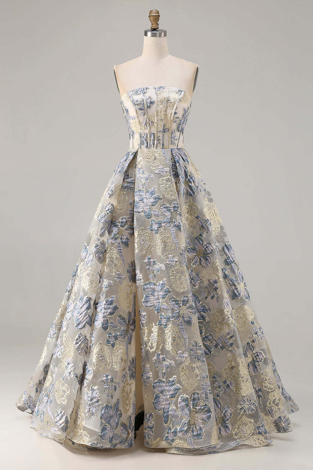 Leely Women Floral Dusty Blue Maxi Corset Prom Dress with Slit Strapless A Line Pageant Dress