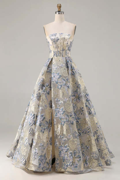Leely Women Floral Dusty Blue Maxi Corset Prom Dress with Slit Strapless A Line Pageant Dress