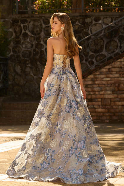 Floral Dusty Blue Strapless A Line Maxi Corset Prom Dress with Slit