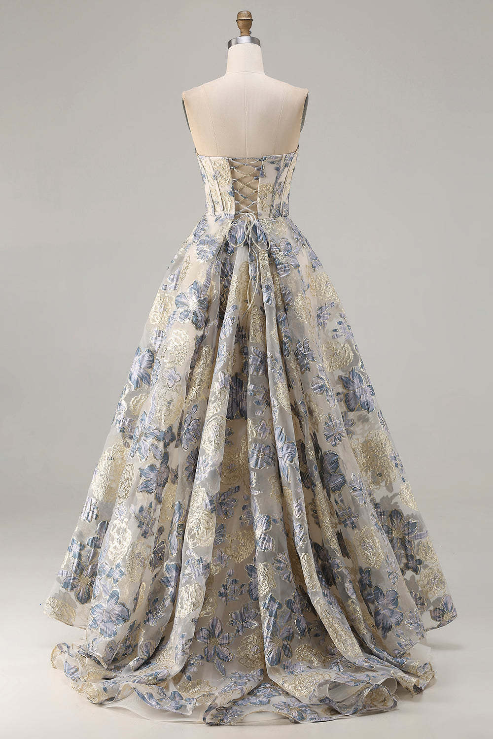 Floral Dusty Blue Strapless A Line Long Corset Prom Dress with Slit
