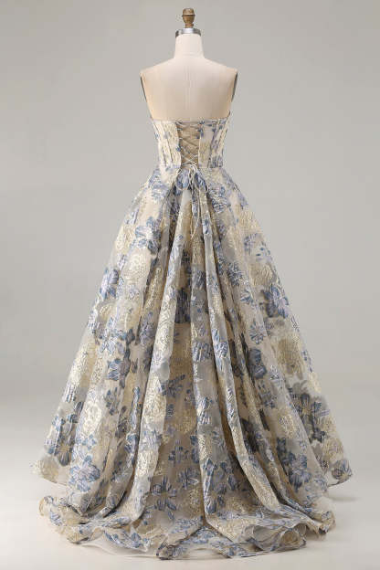 Floral Dusty Blue Strapless A Line Long Corset Prom Dress with Slit