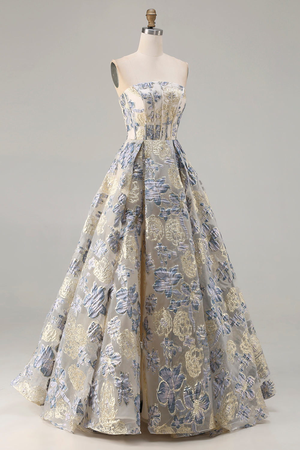 Floral Dusty Blue Strapless A Line Long Corset Prom Dress with Slit