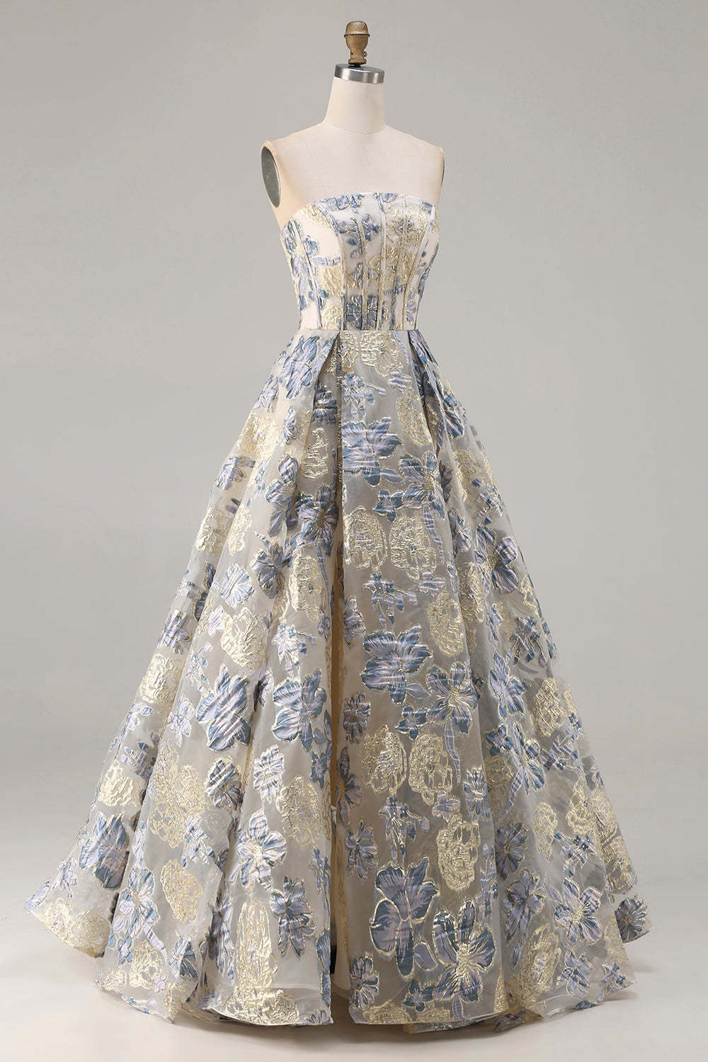 Floral Dusty Blue Strapless A Line Long Corset Prom Dress with Slit