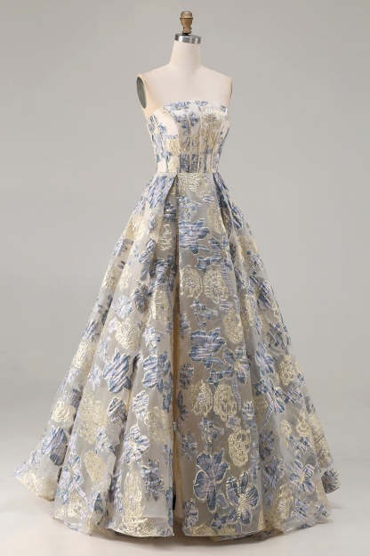Floral Dusty Blue Strapless A Line Long Corset Prom Dress with Slit