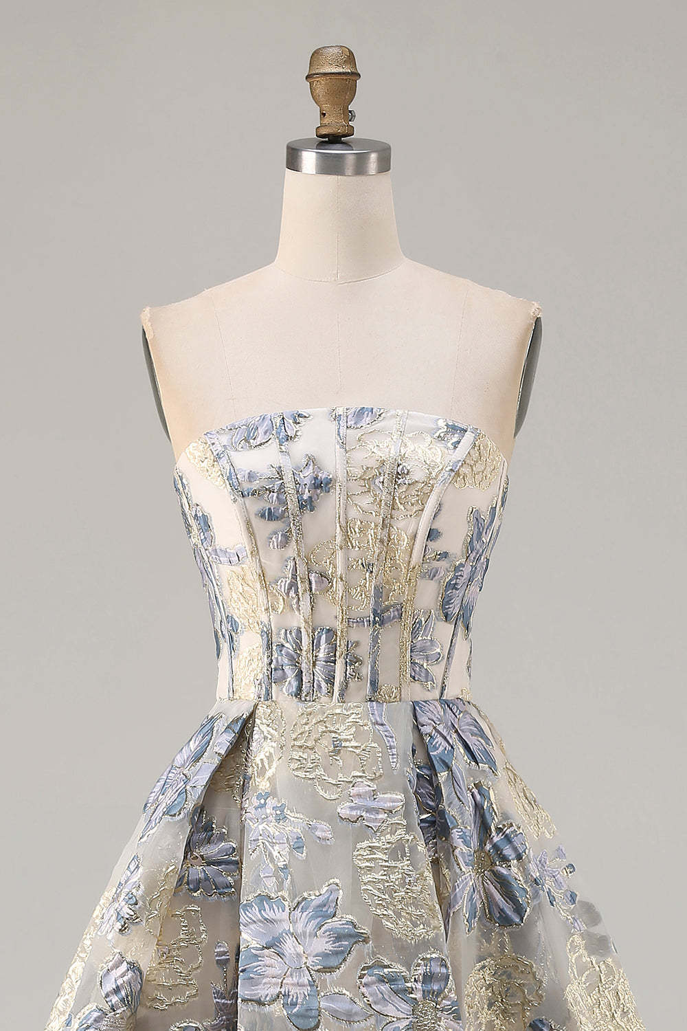 Floral Dusty Blue Strapless A Line Long Corset Prom Dress with Slit