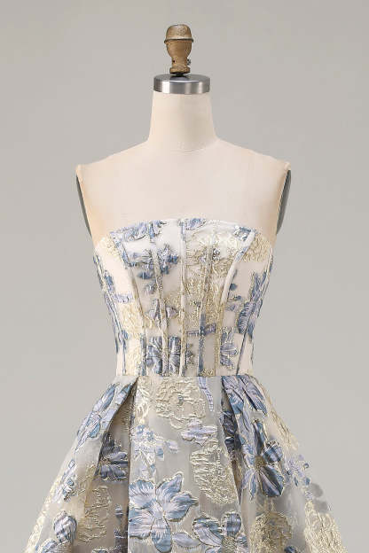 Floral Dusty Blue Strapless A Line Long Corset Prom Dress with Slit