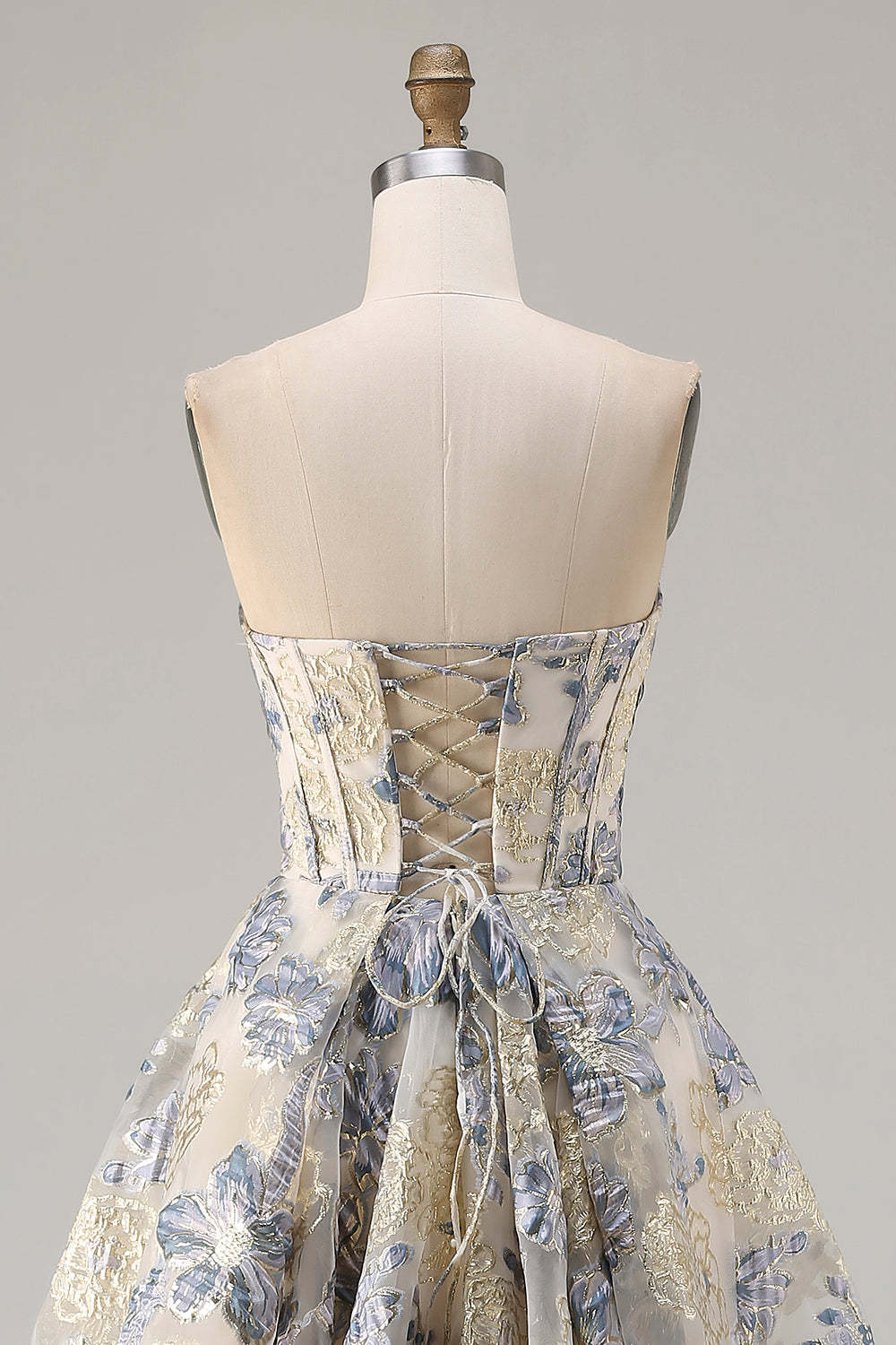 Floral Dusty Blue Strapless A Line Long Corset Prom Dress with Slit