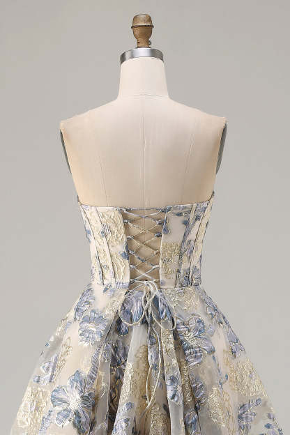 Floral Dusty Blue Strapless A Line Long Corset Prom Dress with Slit
