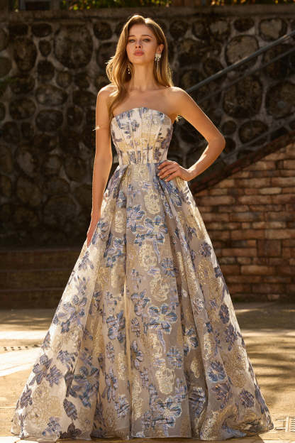 Floral Dusty Blue Strapless A Line Maxi Corset Prom Dress with Slit