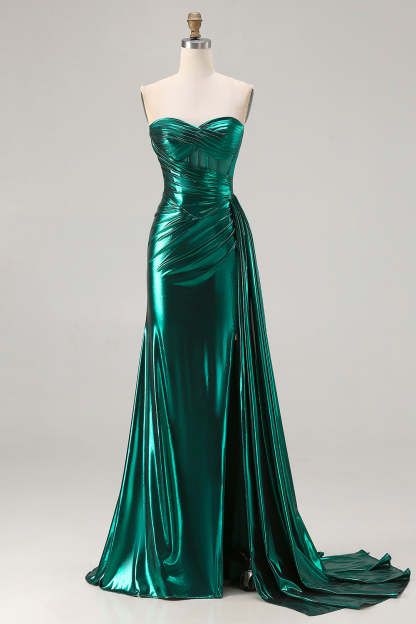 Sparkly Dark Green Ruched Mermaid Long Corset Prom Dress with Slit