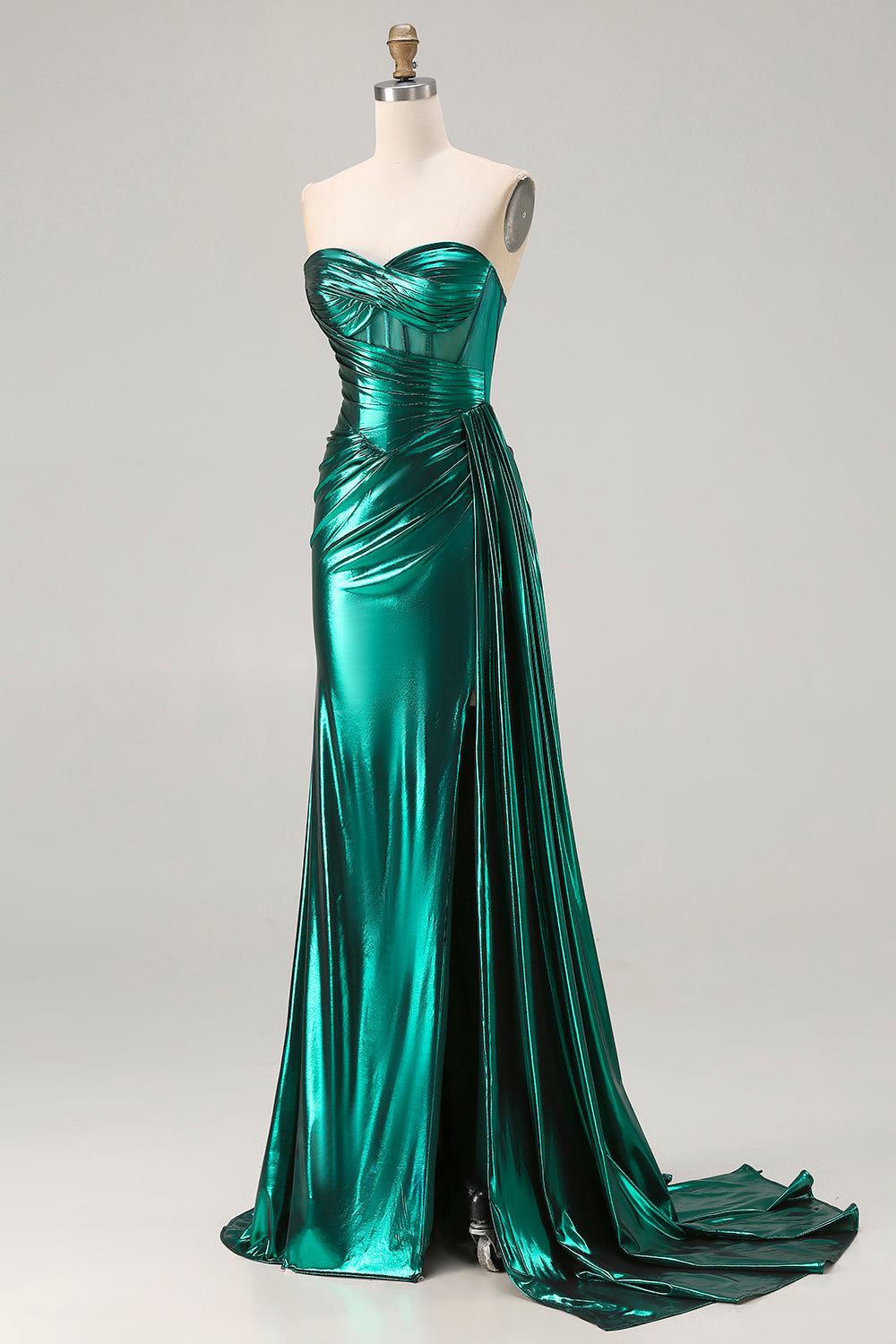 Sparkly Dark Green Ruched Mermaid Long Corset Prom Dress with Slit