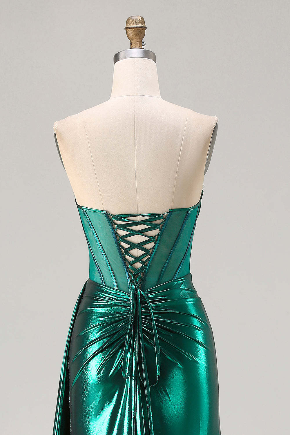 Sparkly Dark Green Ruched Mermaid Long Corset Prom Dress with Slit