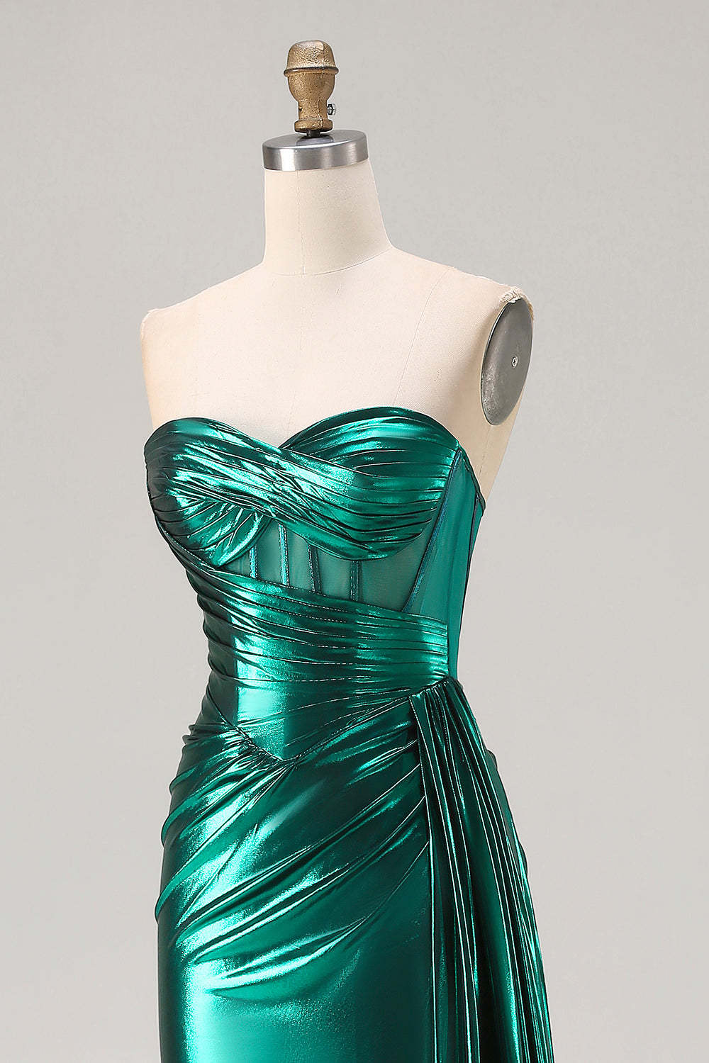 Sparkly Dark Green Ruched Mermaid Long Corset Prom Dress with Slit