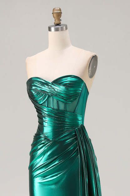 Sparkly Dark Green Ruched Mermaid Long Corset Prom Dress with Slit