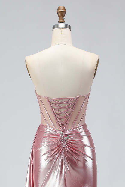 Sparkly Dark Green Ruched Mermaid Long Corset Prom Dress with Slit