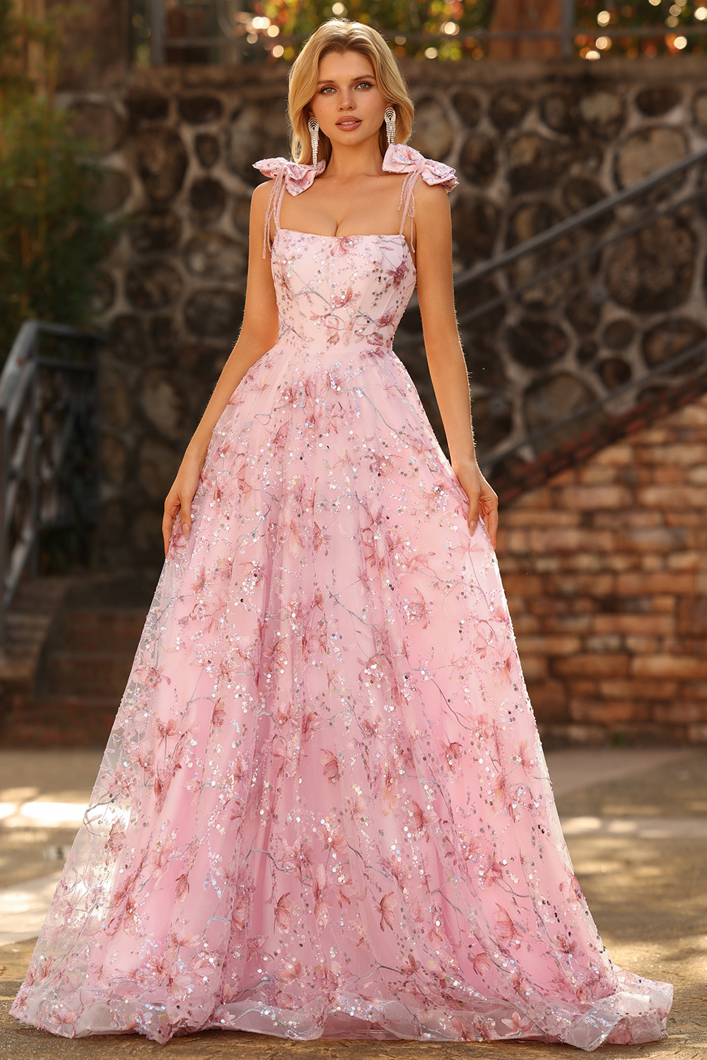 Sparkly Pink Floral Spaghetti Straps Sequin Maxi Prom Dress with Bows