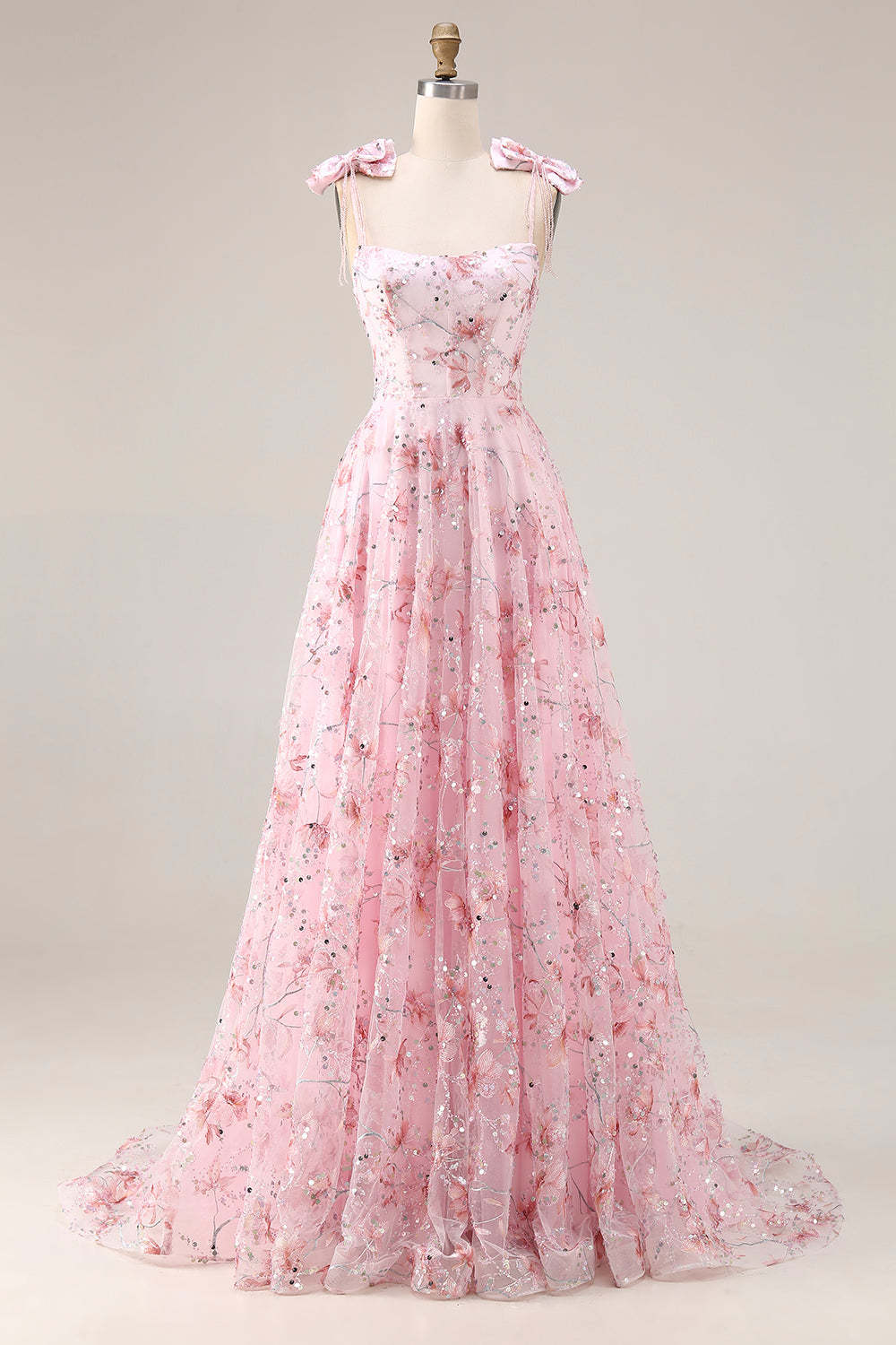 Sparkly Pink Floral Ball Gown Sequin Maxi Prom Dress with Bows