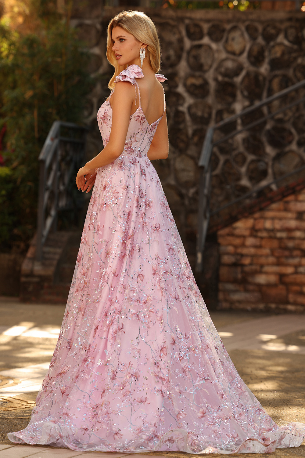 Sparkly Pink Floral Spaghetti Straps Sequin Maxi Prom Dress with Bows