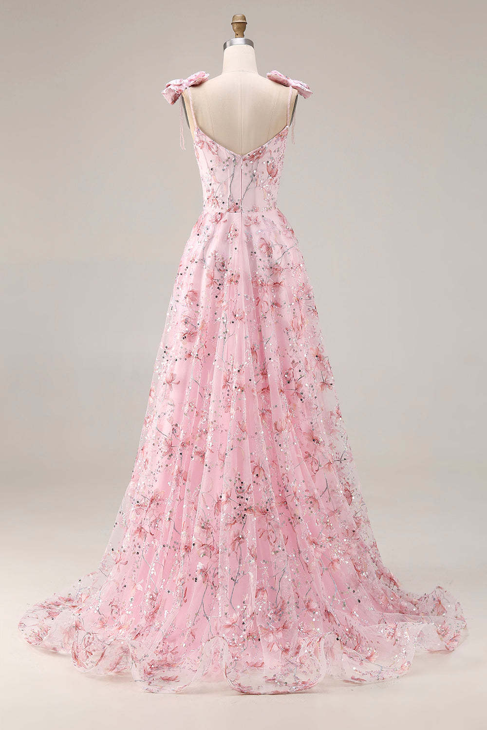 Sparkly Pink Floral Ball Gown Sequin Maxi Prom Dress with Bows