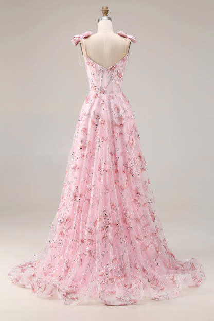 Sparkly Pink Floral Ball Gown Sequin Maxi Prom Dress with Bows