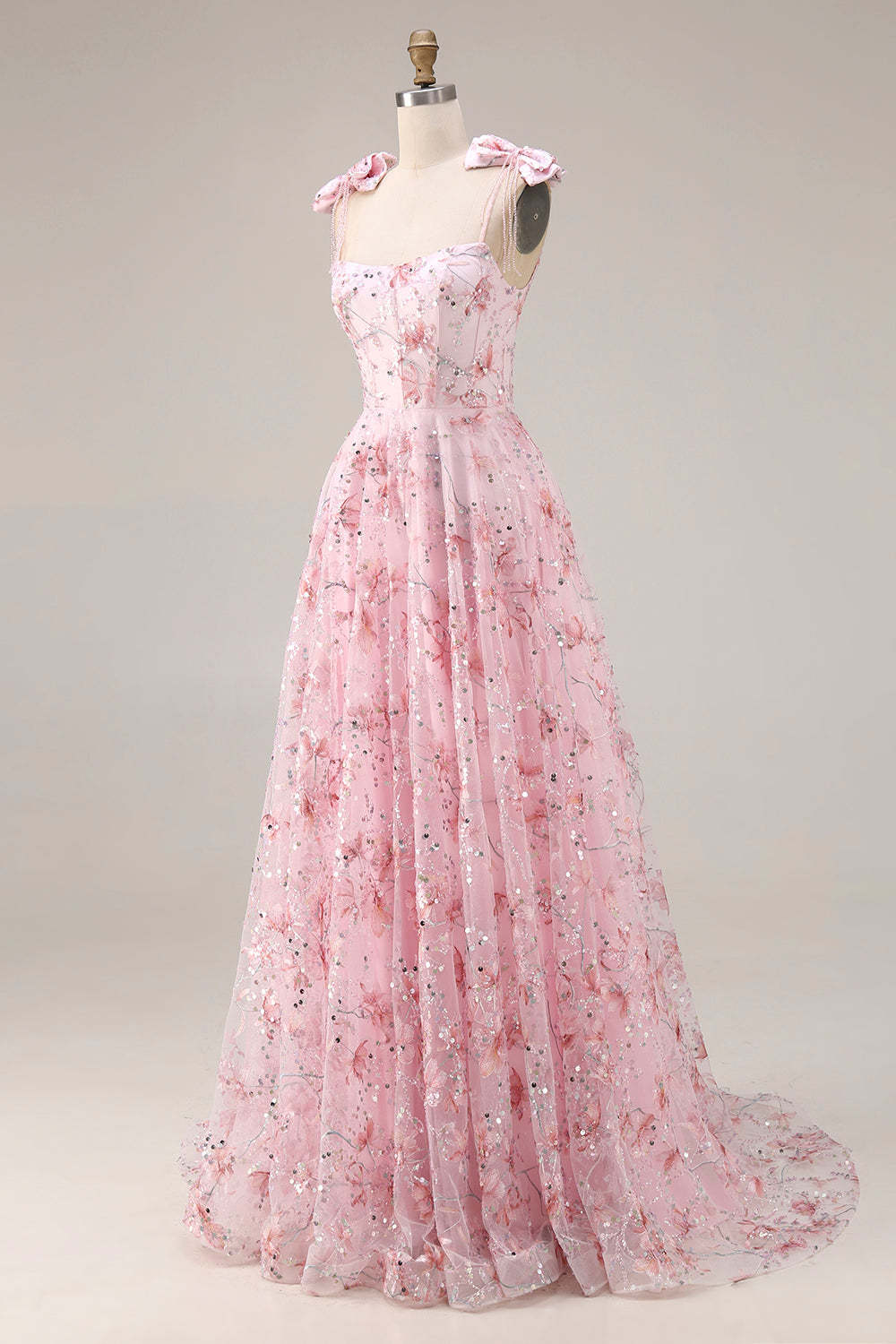 Sparkly Pink Floral Spaghetti Straps Sequin Maxi Prom Dress with Bows