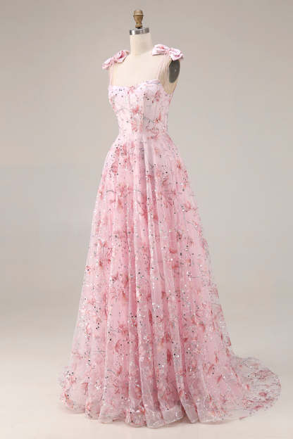Sparkly Pink Floral Spaghetti Straps Sequin Maxi Prom Dress with Bows