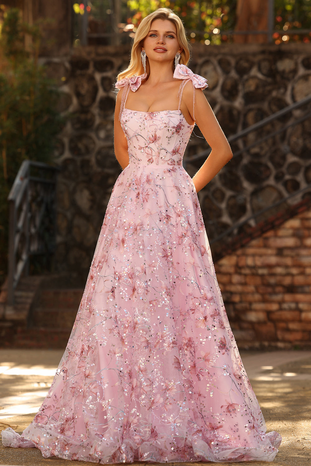Sparkly Pink Floral Ball Gown Sequin Maxi Prom Dress with Bows