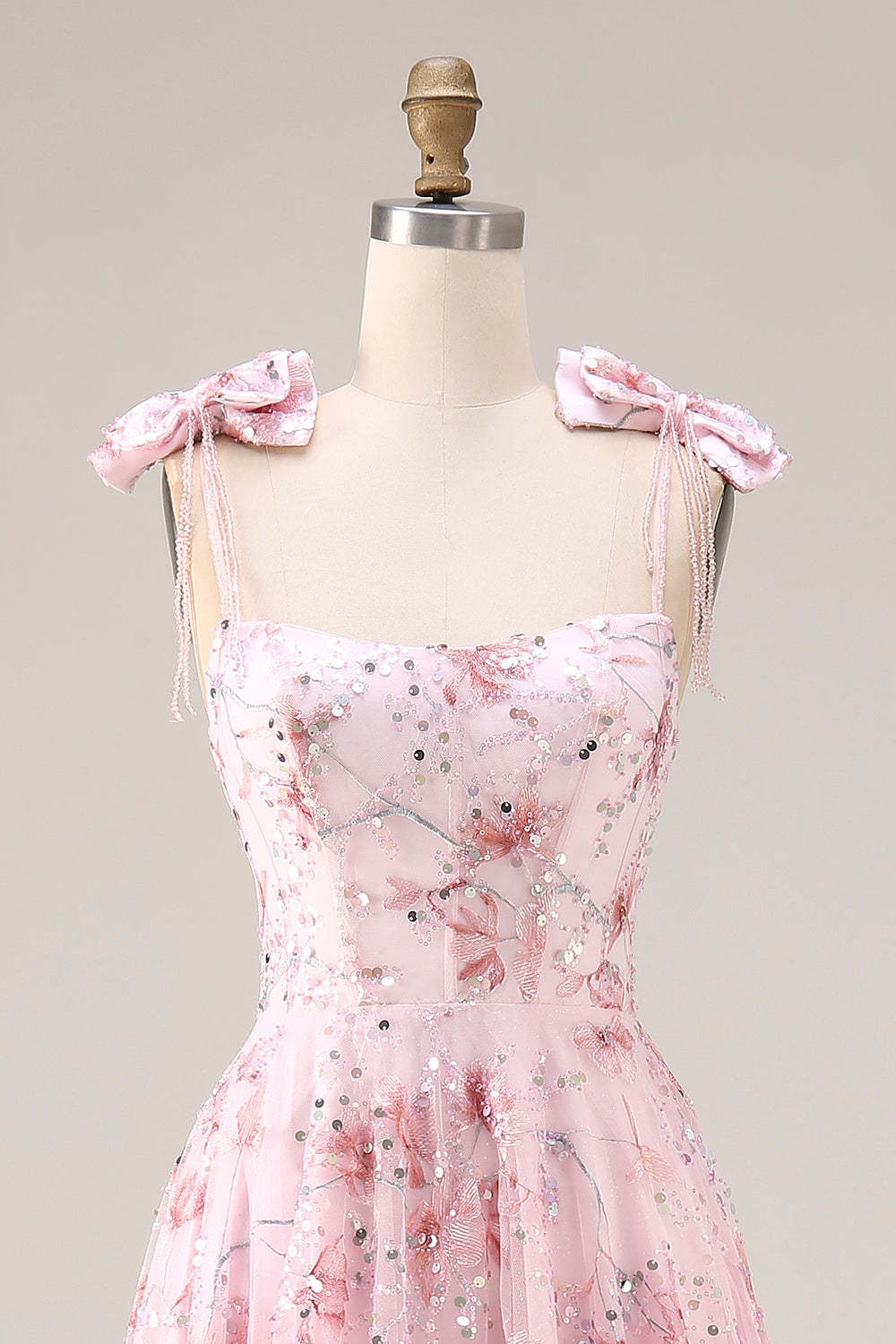 Sparkly Pink Floral Spaghetti Straps Sequin Maxi Prom Dress with Bows