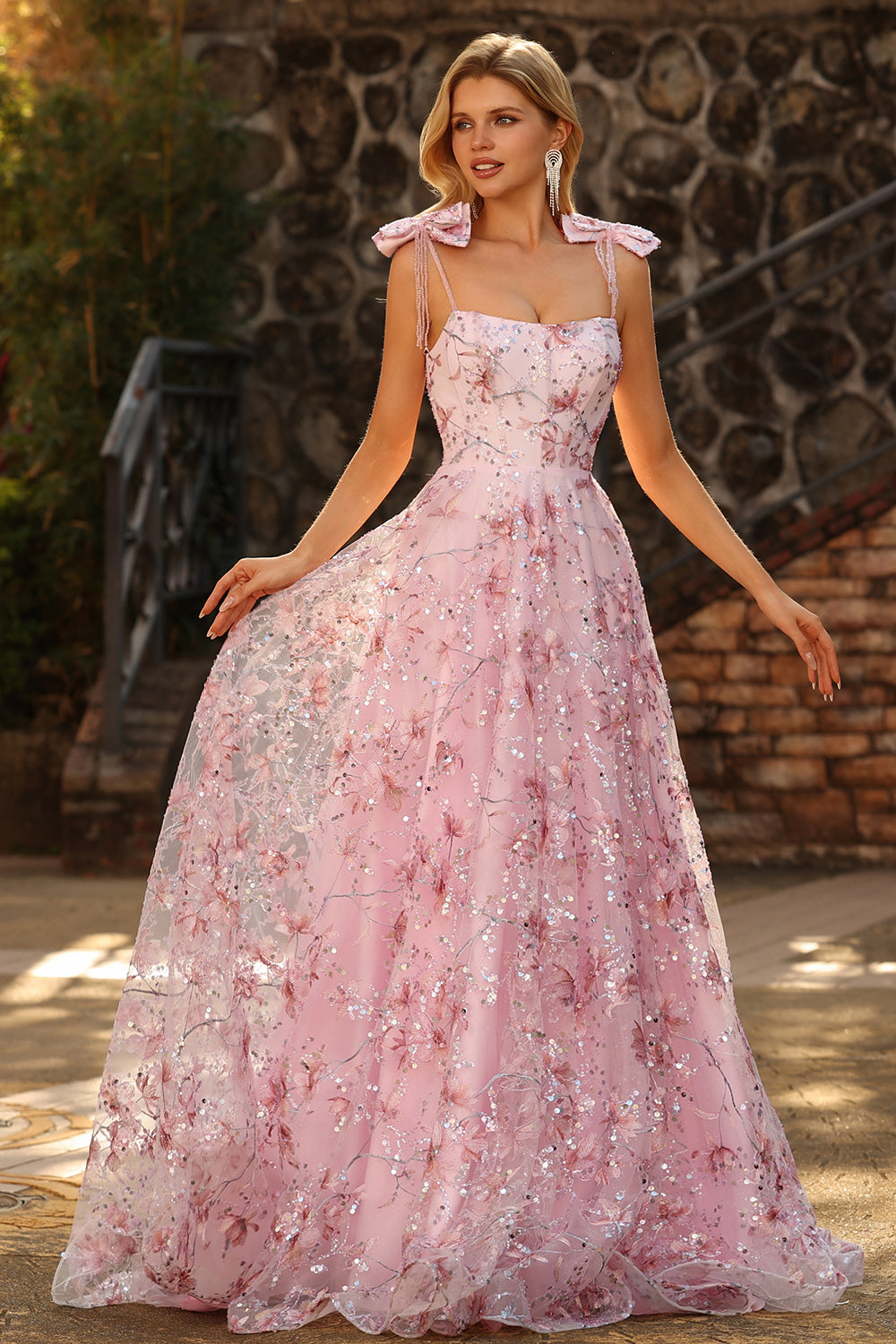 Sparkly Pink Floral Ball Gown Sequin Maxi Prom Dress with Bows