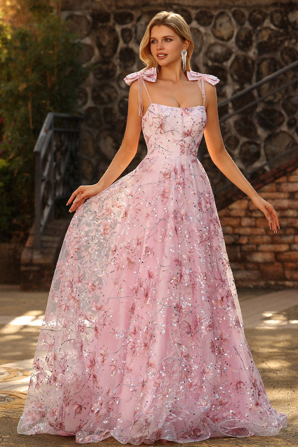 Sparkly Pink Floral Ball Gown Sequin Maxi Prom Dress with Bows