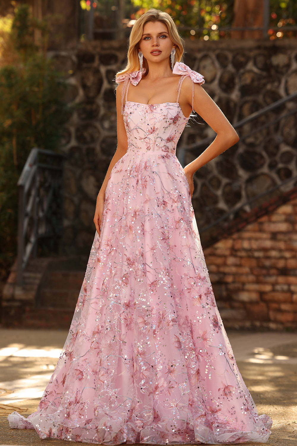 Sparkly Pink Floral Ball Gown Sequin Maxi Prom Dress with Bows