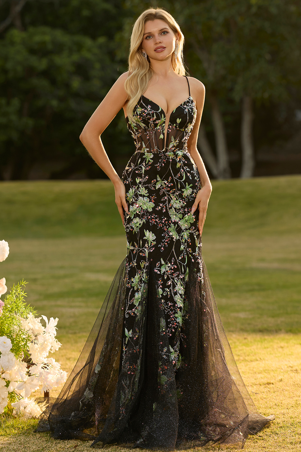 Sparkly Floral Black Beaded Long Corset Prom Dress with Criss Cross Back