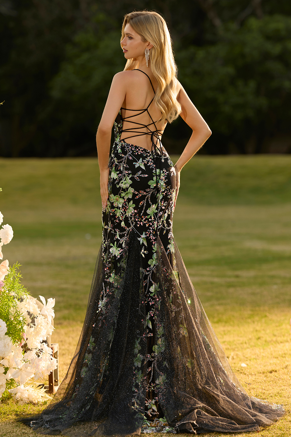 Sparkly Floral Black Beaded Long Corset Prom Dress with Criss Cross Back