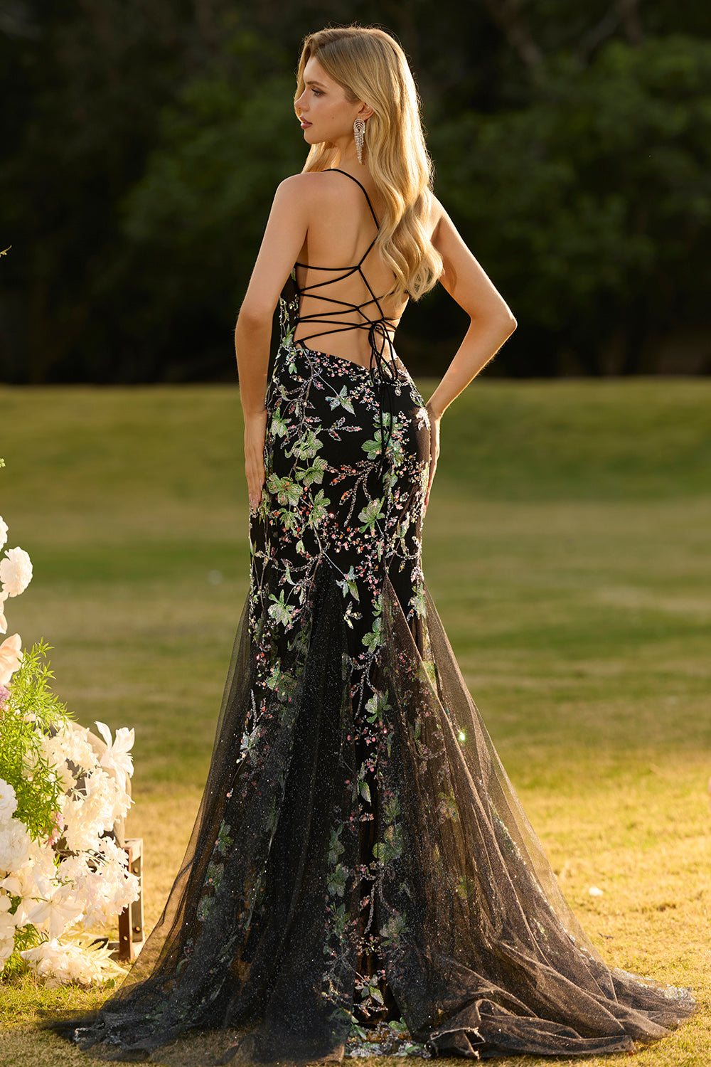 Sparkly Black Beaded Floral Mermaid Spaghetti Straps Maxi Corset Prom Dress