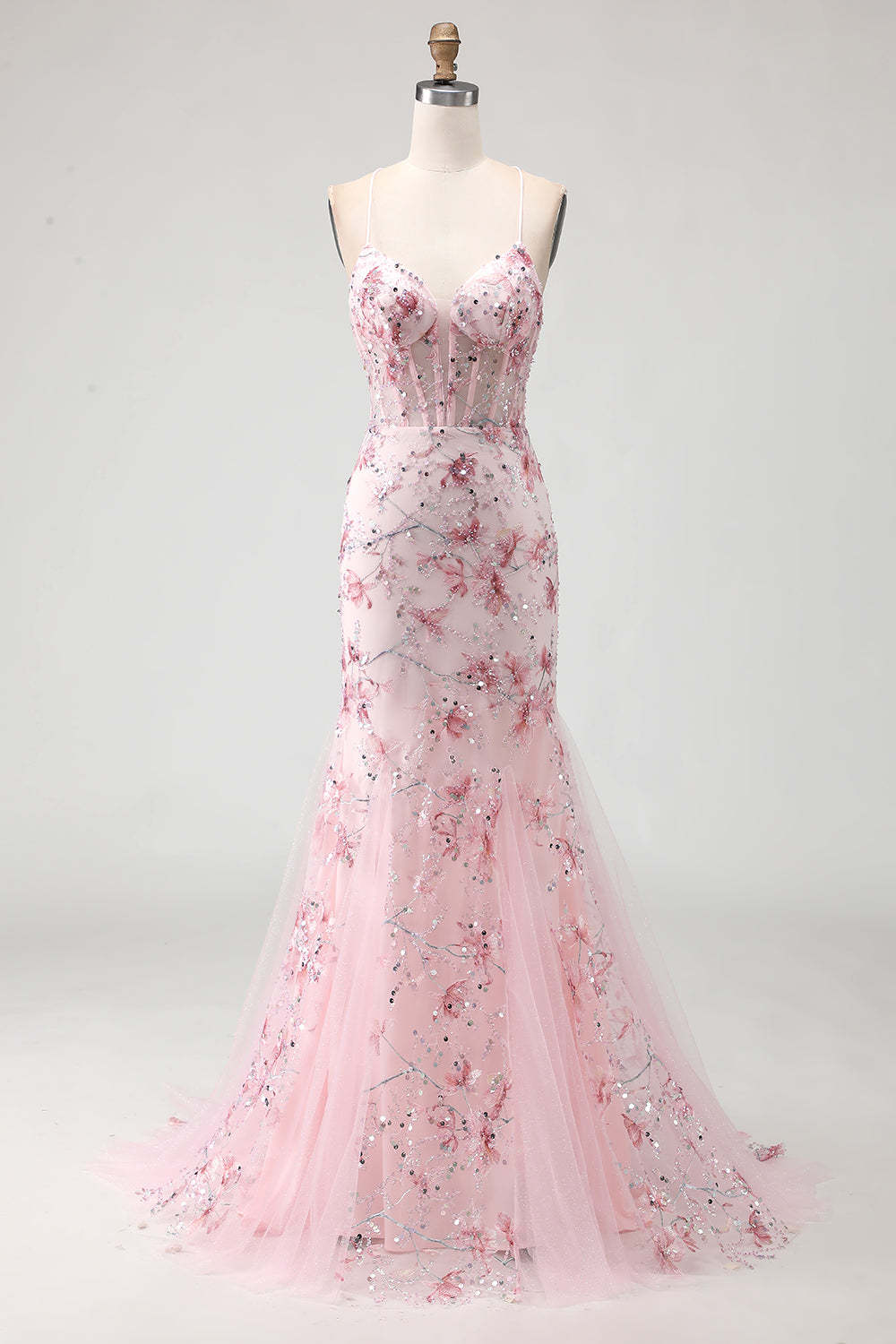 Sparkly Pink Mermaid Beaded Floral Spaghetti Straps Maxi Corset Prom Dress