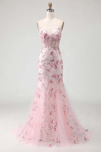 Sparkly Pink Mermaid Beaded Floral Spaghetti Straps Maxi Corset Prom Dress