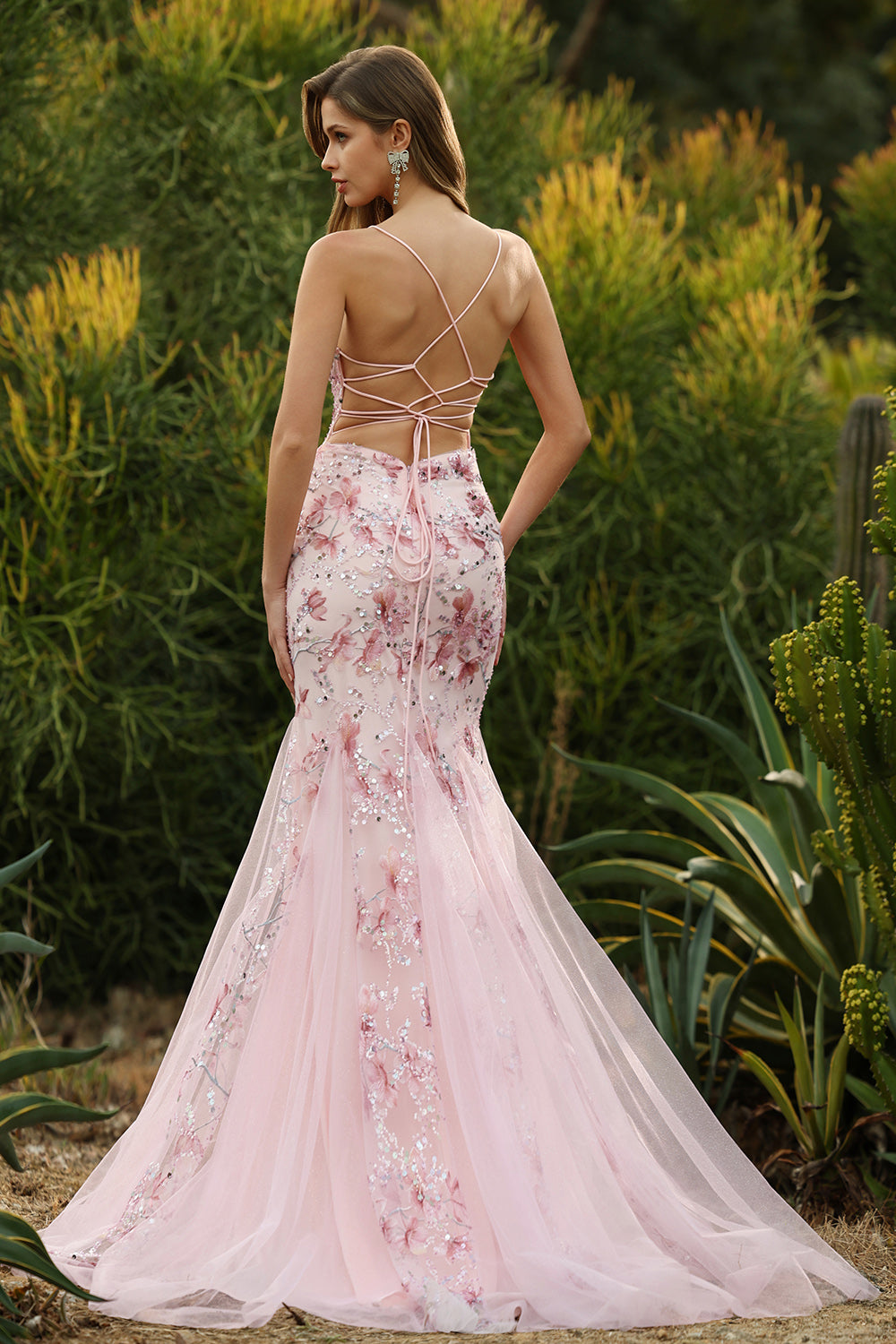Sparkly Pink Mermaid Beaded Floral Spaghetti Straps Maxi Corset Prom Dress