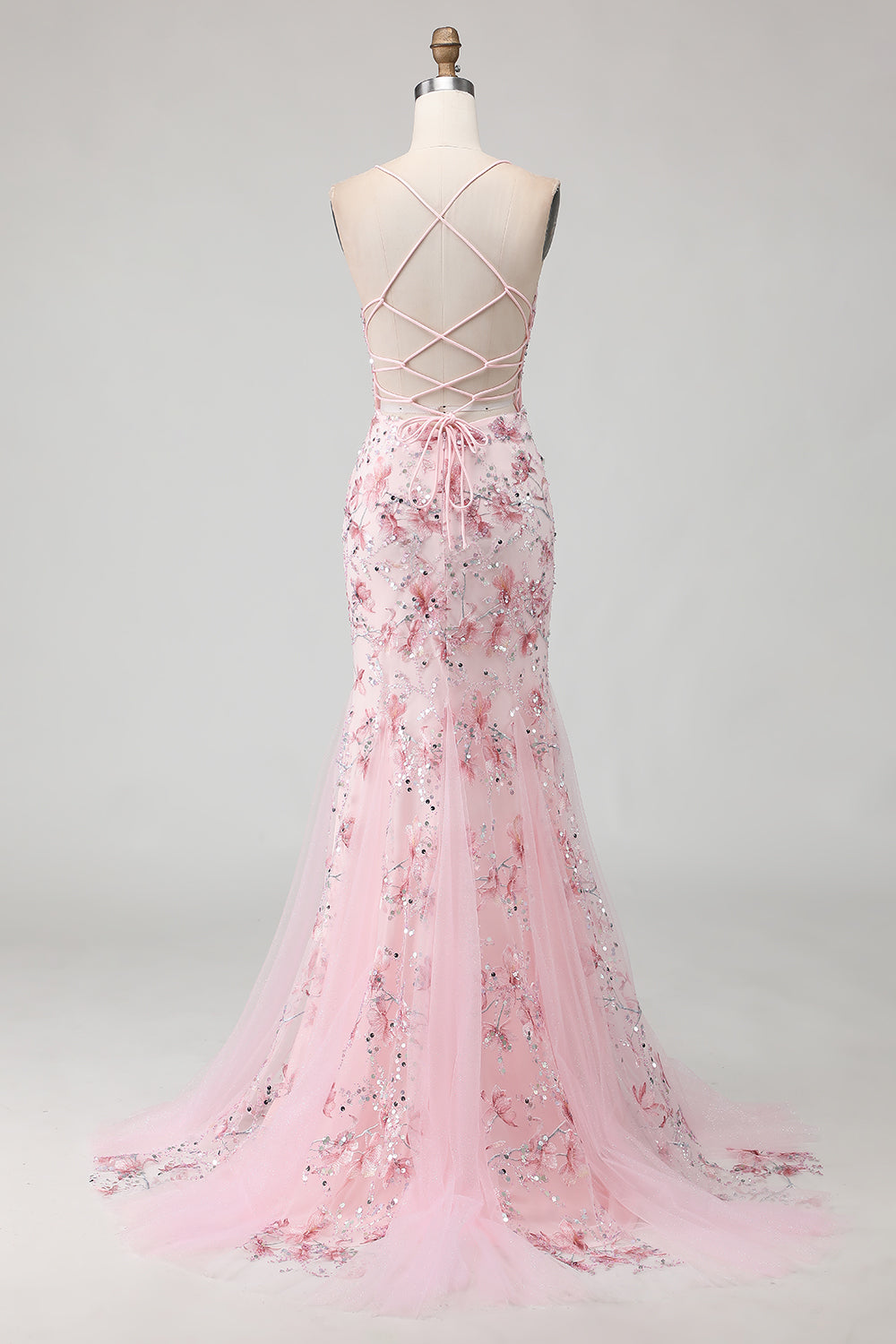 Sparkly Pink Beaded Floral Spaghetti Straps Mermaid Corset Long Prom Dress