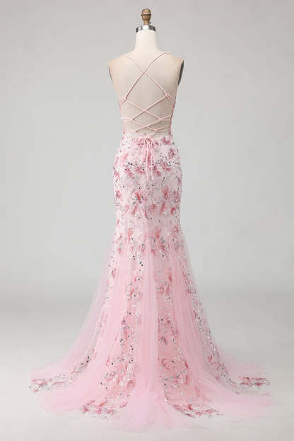 Sparkly Pink Mermaid Beaded Floral Spaghetti Straps Maxi Corset Prom Dress