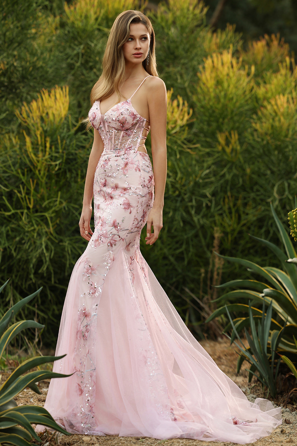 Sparkly Pink Mermaid Beaded Floral Spaghetti Straps Maxi Corset Prom Dress