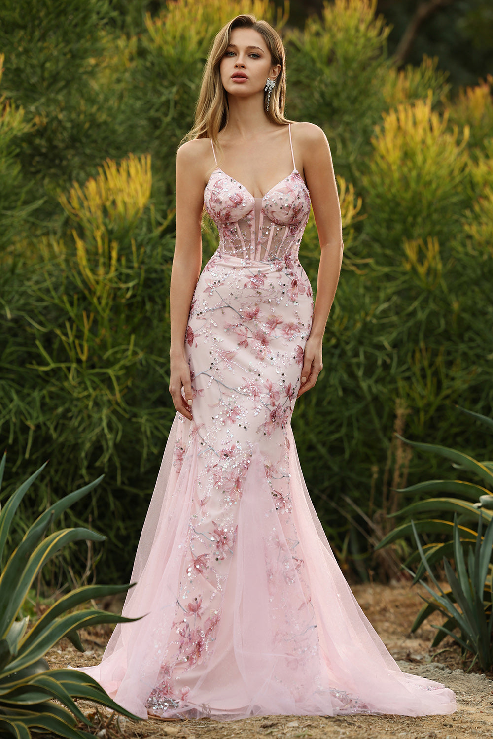 Sparkly Pink Mermaid Beaded Floral Spaghetti Straps Maxi Corset Prom Dress