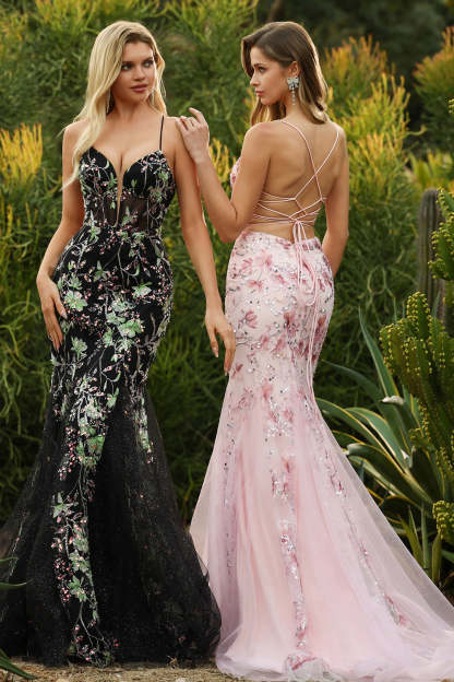 Sparkly Pink Mermaid Beaded Floral Spaghetti Straps Maxi Corset Prom Dress