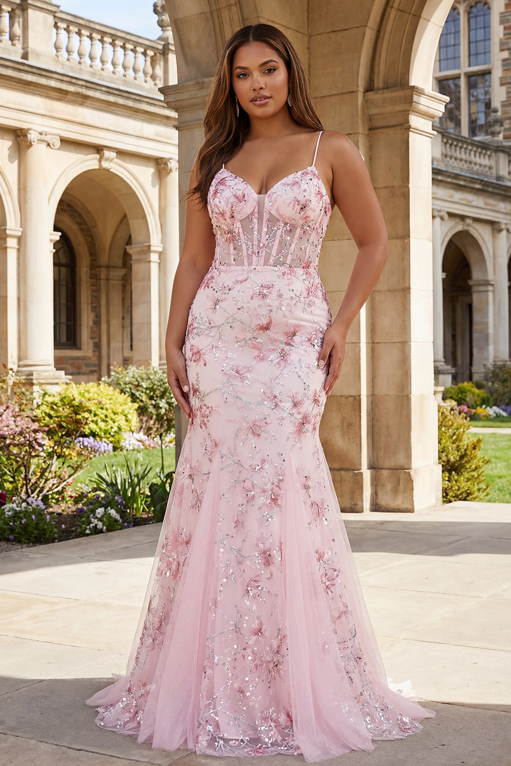 Sparkly Floral Black Beaded Long Corset Prom Dress with Criss Cross Back