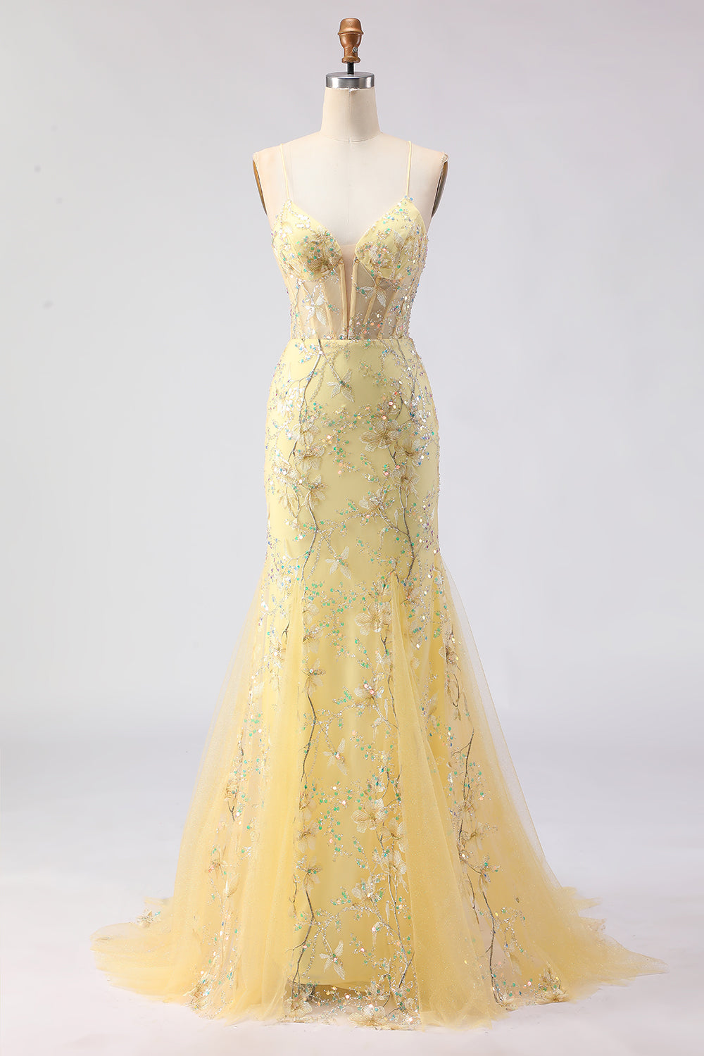 Sparkly Yellow Floral Mermaid Spaghetti Straps Long Corset Prom Dress with Beading