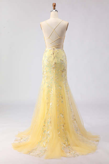 Sparkly Pink Mermaid Beaded Floral Spaghetti Straps Maxi Corset Prom Dress